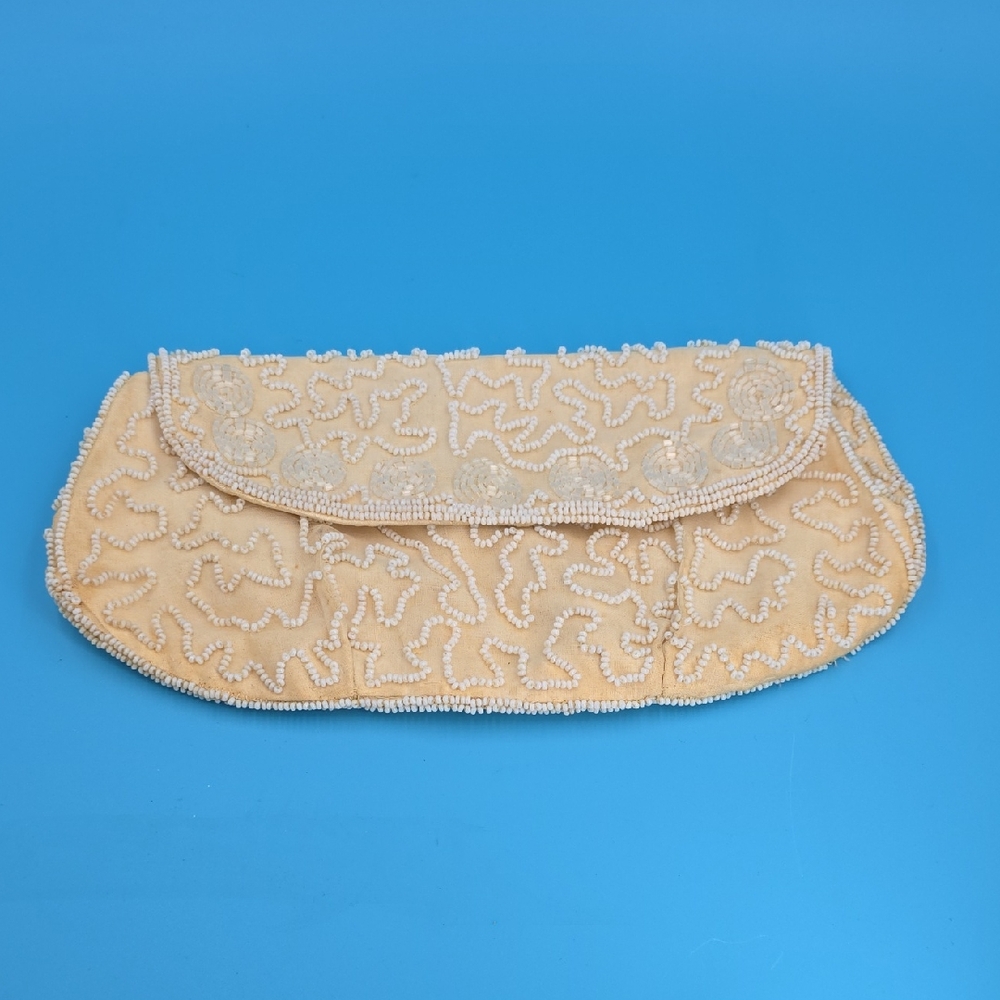 Vintage Beaded German Walborg White Clutch Seed Bead on Ivory Satin 9.25 x 4.5"